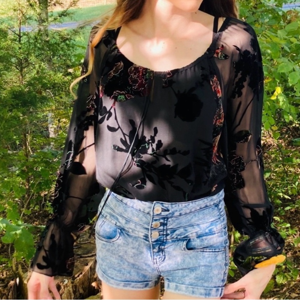 Spenser Jeremy Black Silk/Velvet Flowy Boho Top